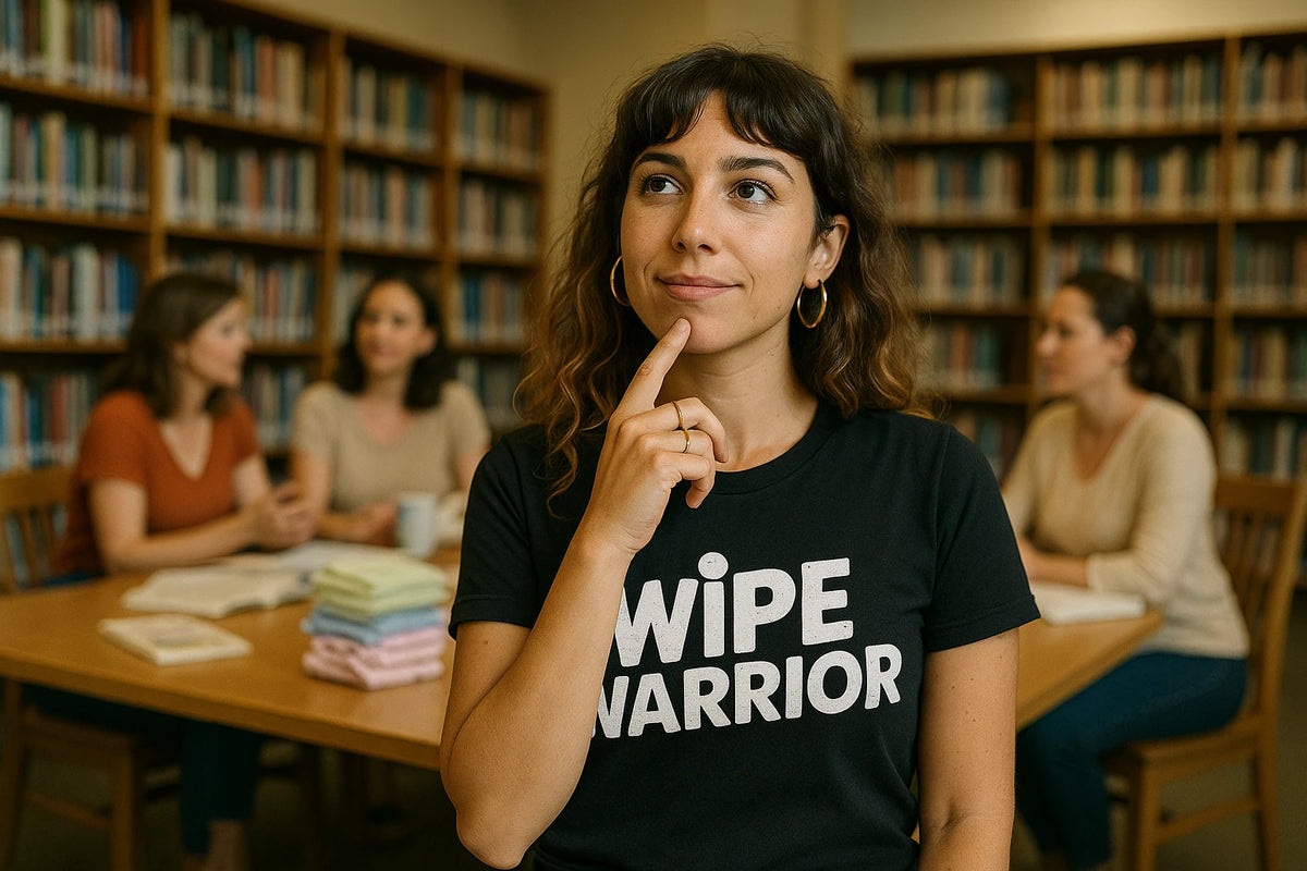 Lifestyle shot of the "Wipe Warrior" black diaper duty t shirt in a real-world setting