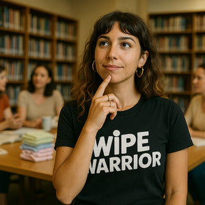 Lifestyle shot of the "Wipe Warrior" black diaper duty t shirt in a real-world setting