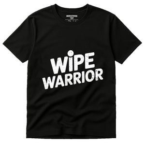 Black Diaper Duty T Shirt - "Wipe Warrior" graphic tee with white print, flat lay product photo