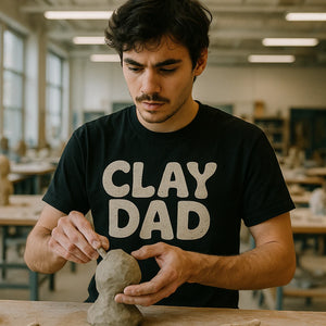 Lifestyle shot of the "Clay Dad" black sculpting t shirt in a real-world setting