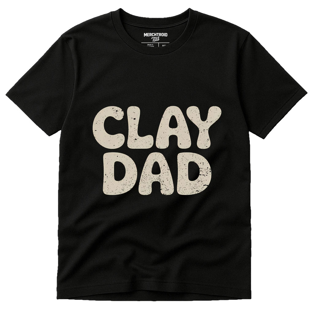 Black Sculpting T Shirt - "Clay Dad" graphic tee with beige print, flat lay product photo