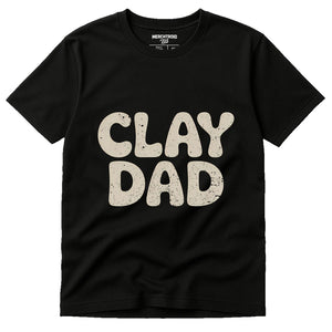 Black Sculpting T Shirt - "Clay Dad" graphic tee with beige print, flat lay product photo