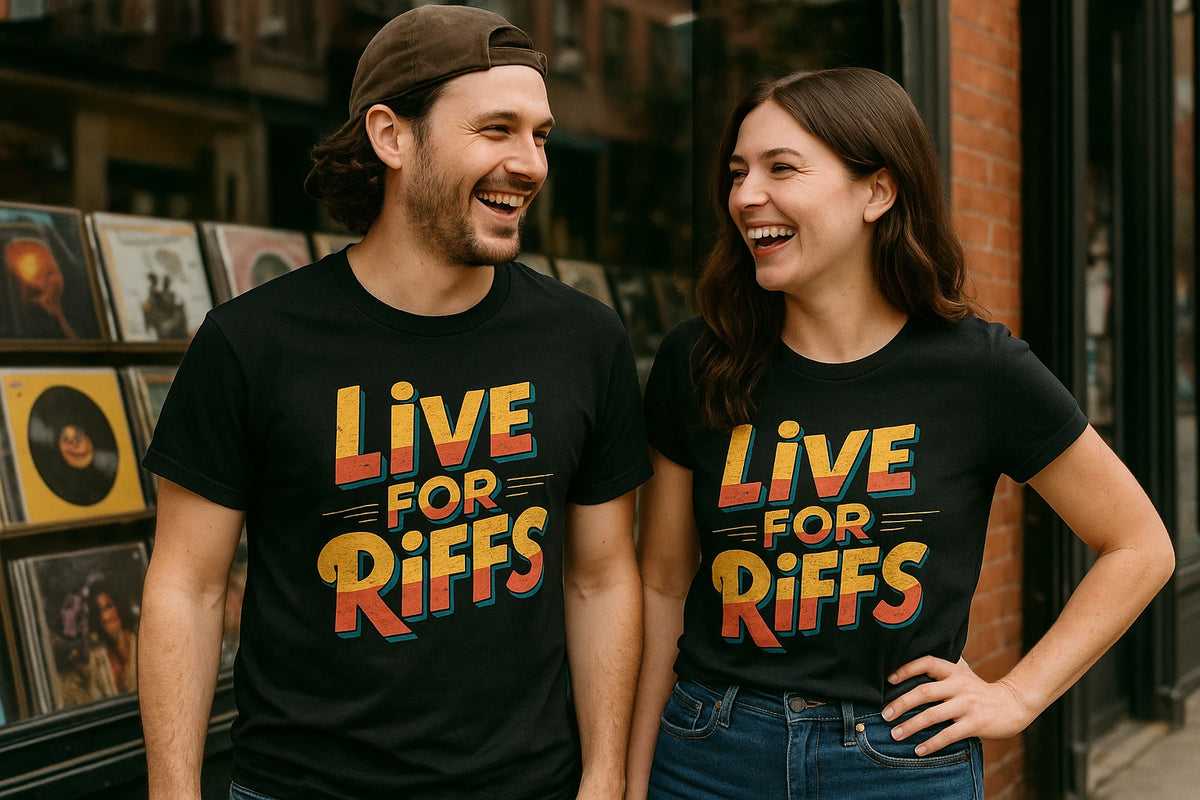 Person wearing the black musician shirts graphic tee - "Live for Riffs" design
