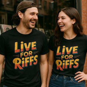 Person wearing the black musician shirts graphic tee - "Live for Riffs" design