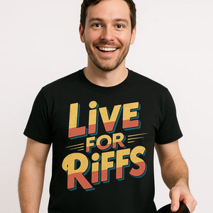 Close-up of the "Live for Riffs" orange print on a premium Bella+Canvas black musician shirts