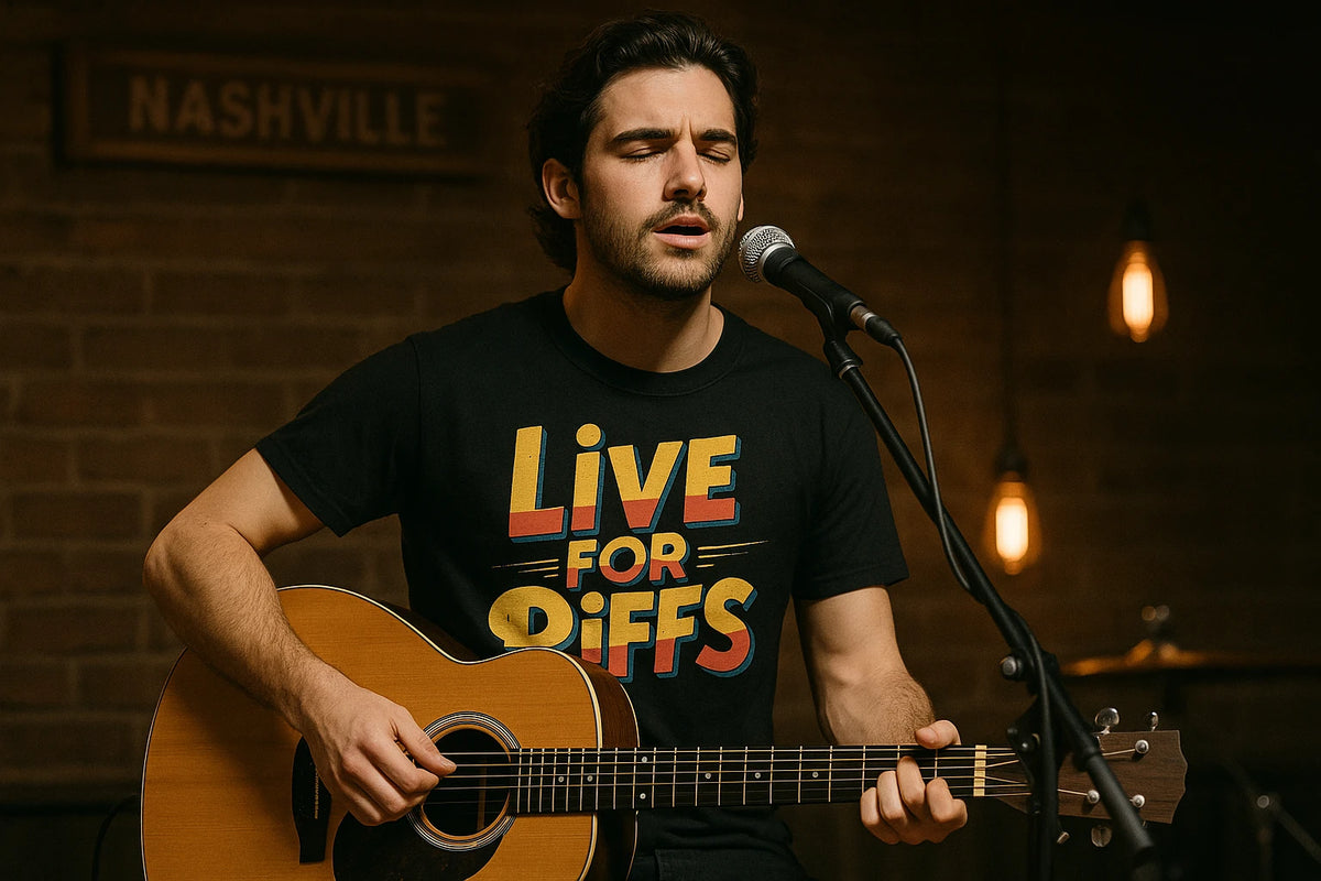 Lifestyle shot of the "Live for Riffs" black musician shirts in a real-world setting