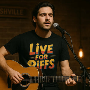 Lifestyle shot of the "Live for Riffs" black musician shirts in a real-world setting