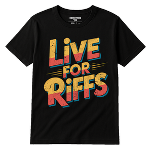 Black Musician Shirts - "Live for Riffs" graphic tee with orange print, flat lay product photo