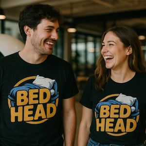 Person wearing the black button up sleep shirts graphic tee - "Bed Head" design