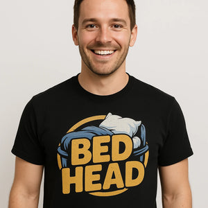 Close-up of the "Bed Head" gold print on a premium Bella+Canvas black button up sleep shirts