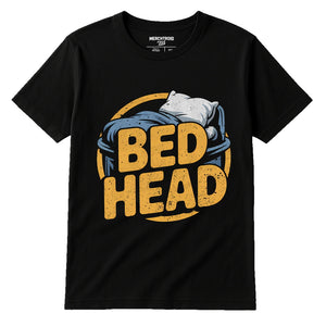 Black Button Up Sleep Shirts - "Bed Head" graphic tee with gold print, flat lay product photo
