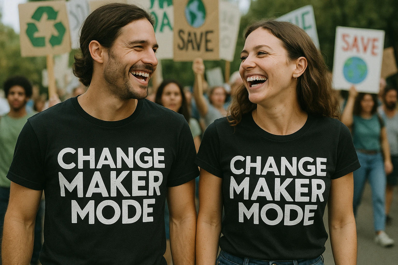 A man and woman are smiling at each other while walking in a protest or rally. Both are wearing black T-shirts with the text "CHANGE MAKER MODE." People in the background are holding signs with environmental messages, including a recycling symbol and the word "SAVE" above a depiction of the Earth.