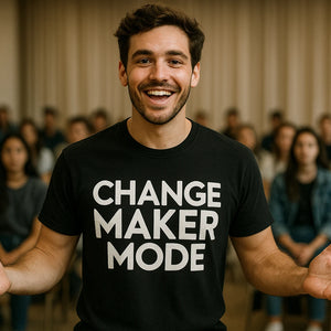 Lifestyle shot of the "Change Maker Mode" black activism t shirt in a real-world setting
