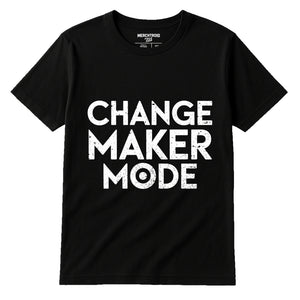 Black Activism T Shirt - "Change Maker Mode" graphic tee with white print, flat lay product photo