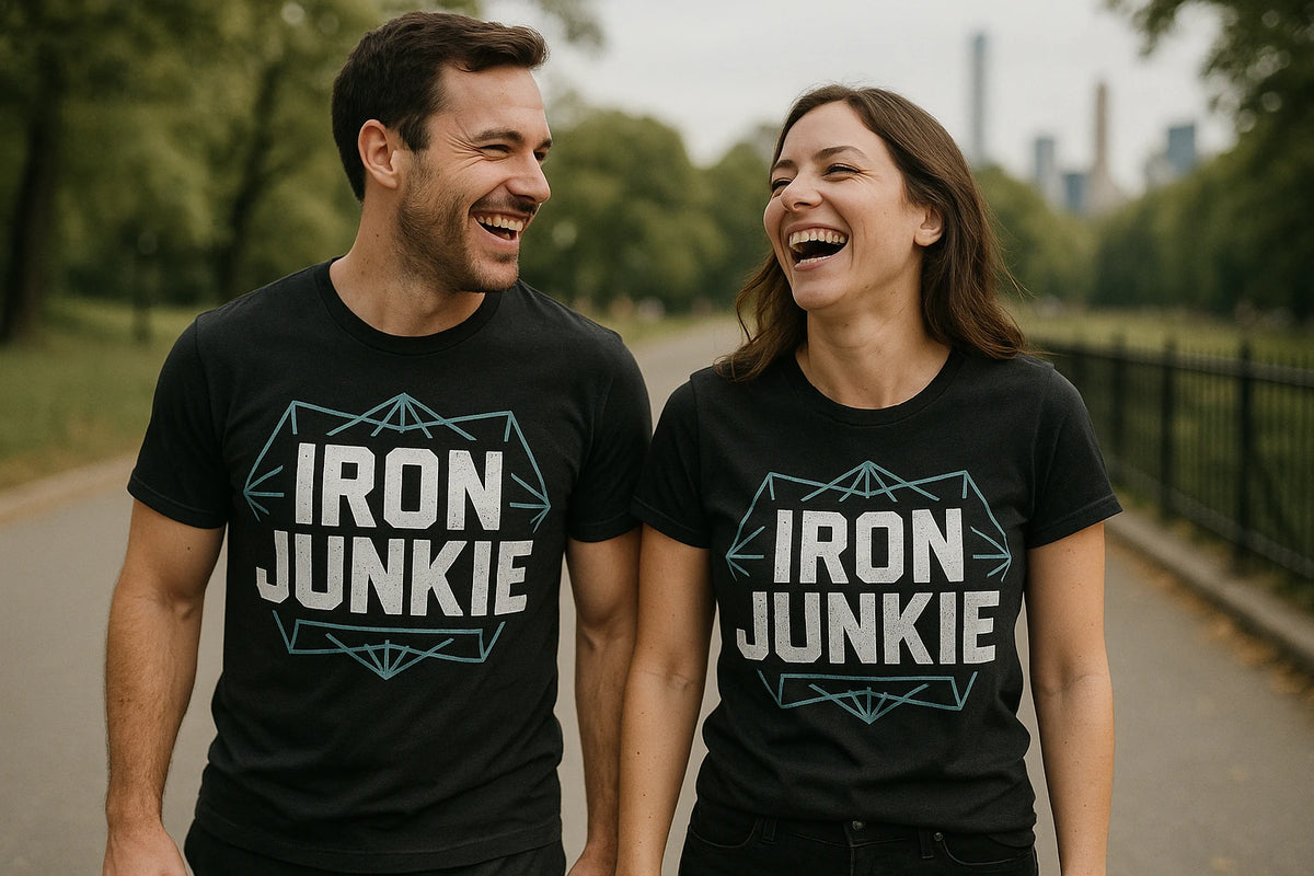 Person wearing the black best exercise shirts graphic tee - "Iron Junkie" design