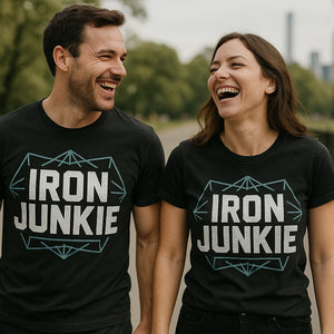 Person wearing the black best exercise shirts graphic tee - "Iron Junkie" design