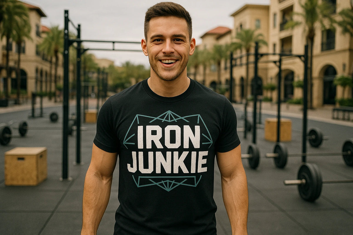 Lifestyle shot of the "Iron Junkie" black best exercise shirts in a real-world setting