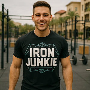 Lifestyle shot of the "Iron Junkie" black best exercise shirts in a real-world setting