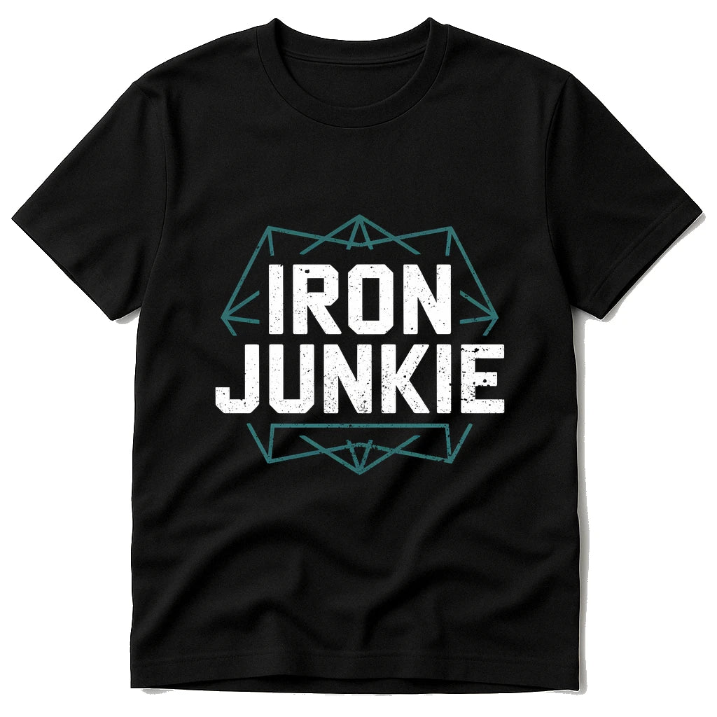 Black Best Exercise Shirts - "Iron Junkie" graphic tee with white print, flat lay product photo