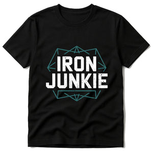 Black Best Exercise Shirts - "Iron Junkie" graphic tee with white print, flat lay product photo