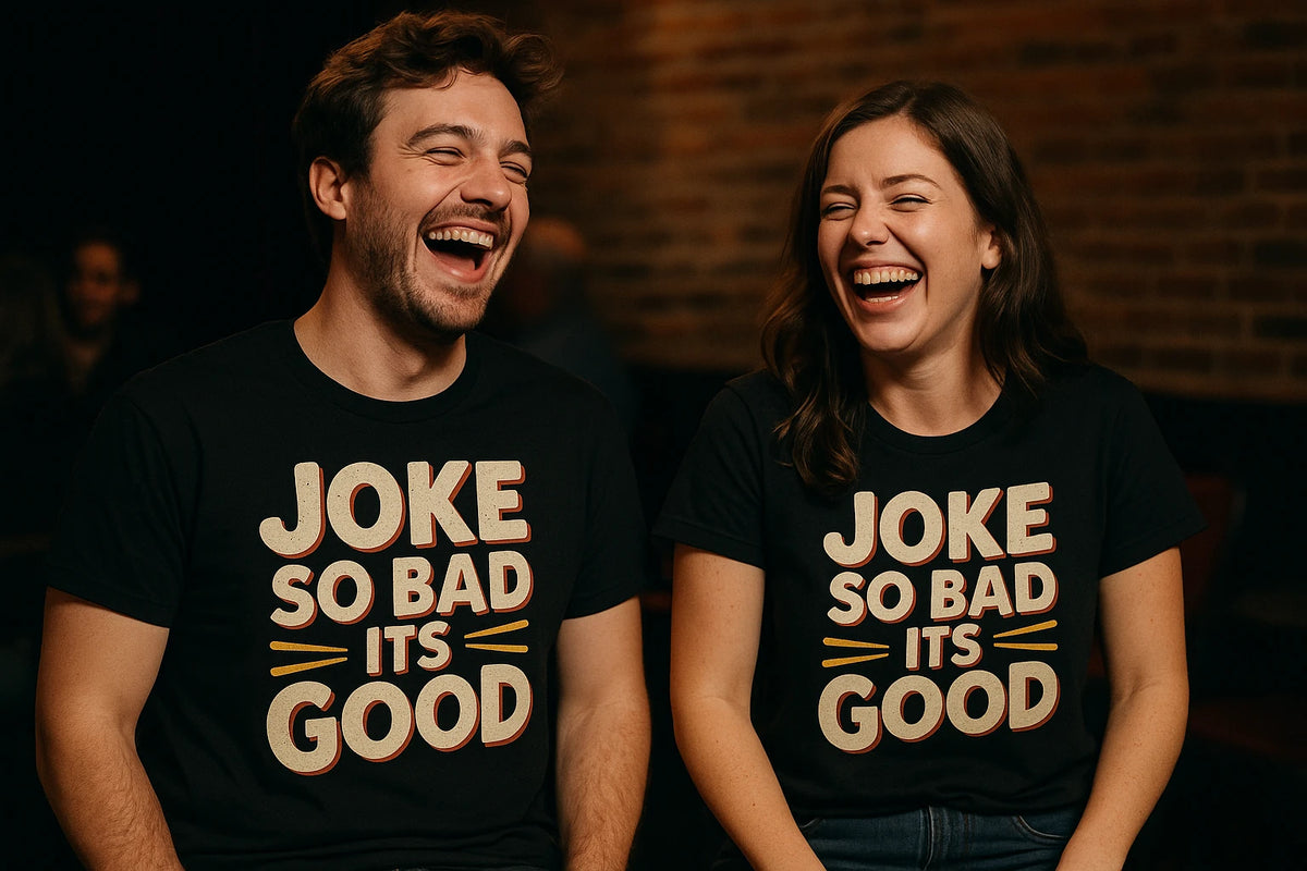 Person wearing the black comedy t shirt graphic tee - "Joke So Bad Its Good" design