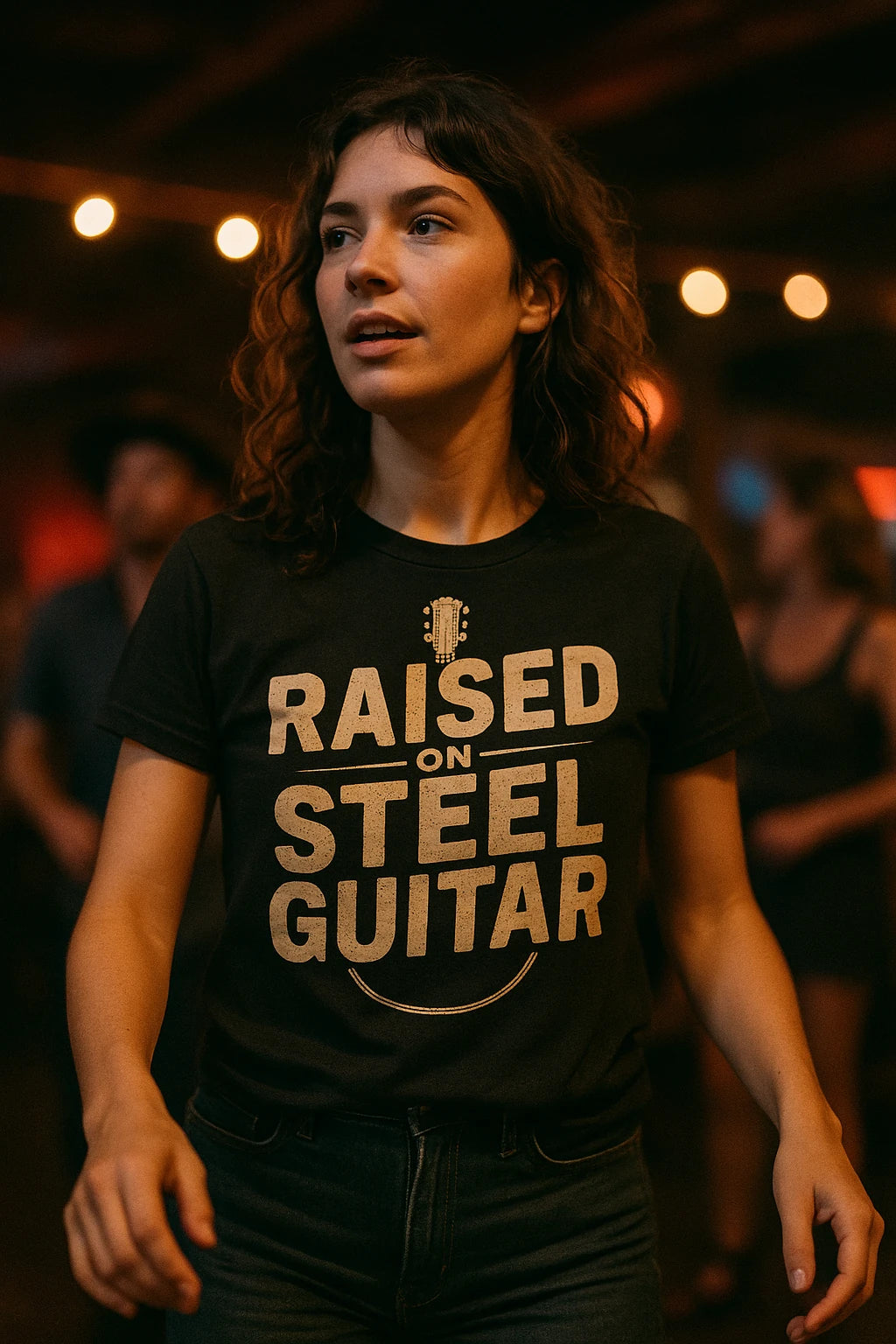 "Raised on Steel Guitar" black country music shirts, photographed as country music fan gifts