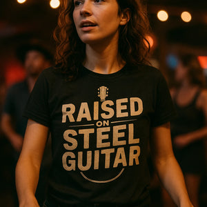 "Raised on Steel Guitar" black country music shirts, photographed as country music fan gifts