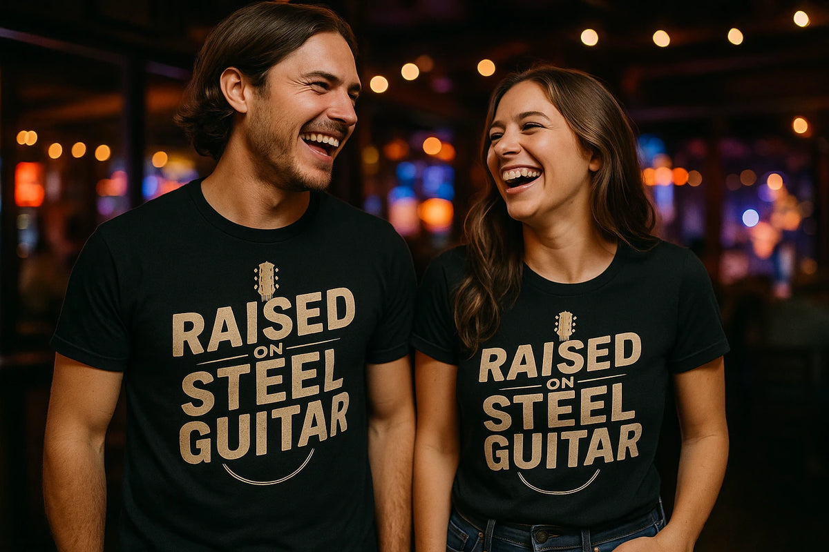 Person wearing the black country music shirts graphic tee - "Raised on Steel Guitar" design