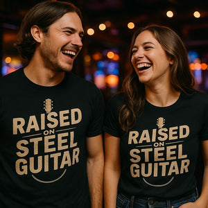 Person wearing the black country music shirts graphic tee - "Raised on Steel Guitar" design
