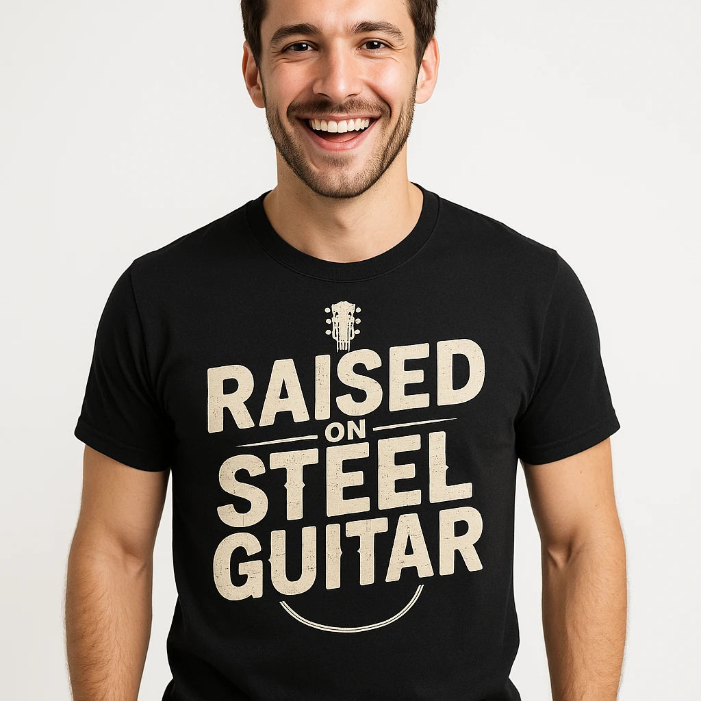 Close-up of the "Raised on Steel Guitar" beige print on a premium Bella+Canvas black country music shirts
