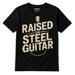 Black Country Music Shirts - "Raised on Steel Guitar" graphic tee with beige print, flat lay product photo