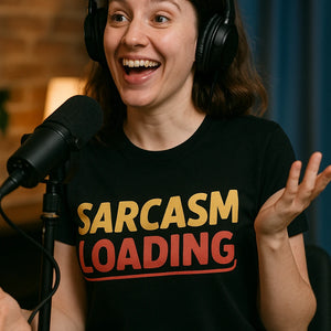 "Sarcasm Loading" black comedy tee shirts, photographed as gifts for comedy lovers