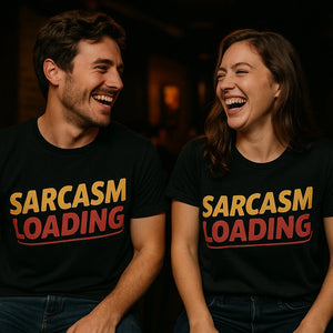 Person wearing the black comedy tee shirts graphic tee - "Sarcasm Loading" design