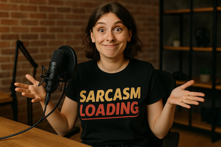 A person with short brown hair is sitting at a table with a microphone. They have a humorous expression with raised eyebrows and a slight smile, wearing a black t-shirt with the text "SARCASM LOADING" in yellow and red. The background features a brick wall and shelves.