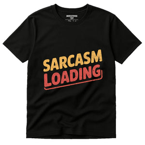 Black Comedy Tee Shirts - "Sarcasm Loading" graphic tee with red print, flat lay product photo