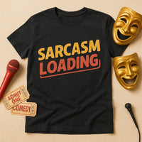 A black T-shirt is laid flat with the text 