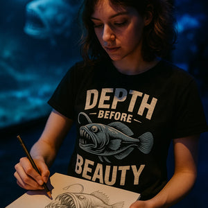 "Depth Before Beauty" black anglerfish t shirt - a birthday gift for anglerfish lover