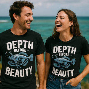 Person wearing the black anglerfish t shirt graphic tee - "Depth Before Beauty" design