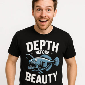 Close-up of the "Depth Before Beauty" white print on a premium Bella+Canvas black anglerfish t shirt