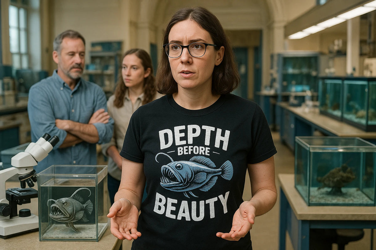 Lifestyle shot of the "Depth Before Beauty" black anglerfish t shirt in a real-world setting