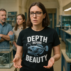Lifestyle shot of the "Depth Before Beauty" black anglerfish t shirt in a real-world setting