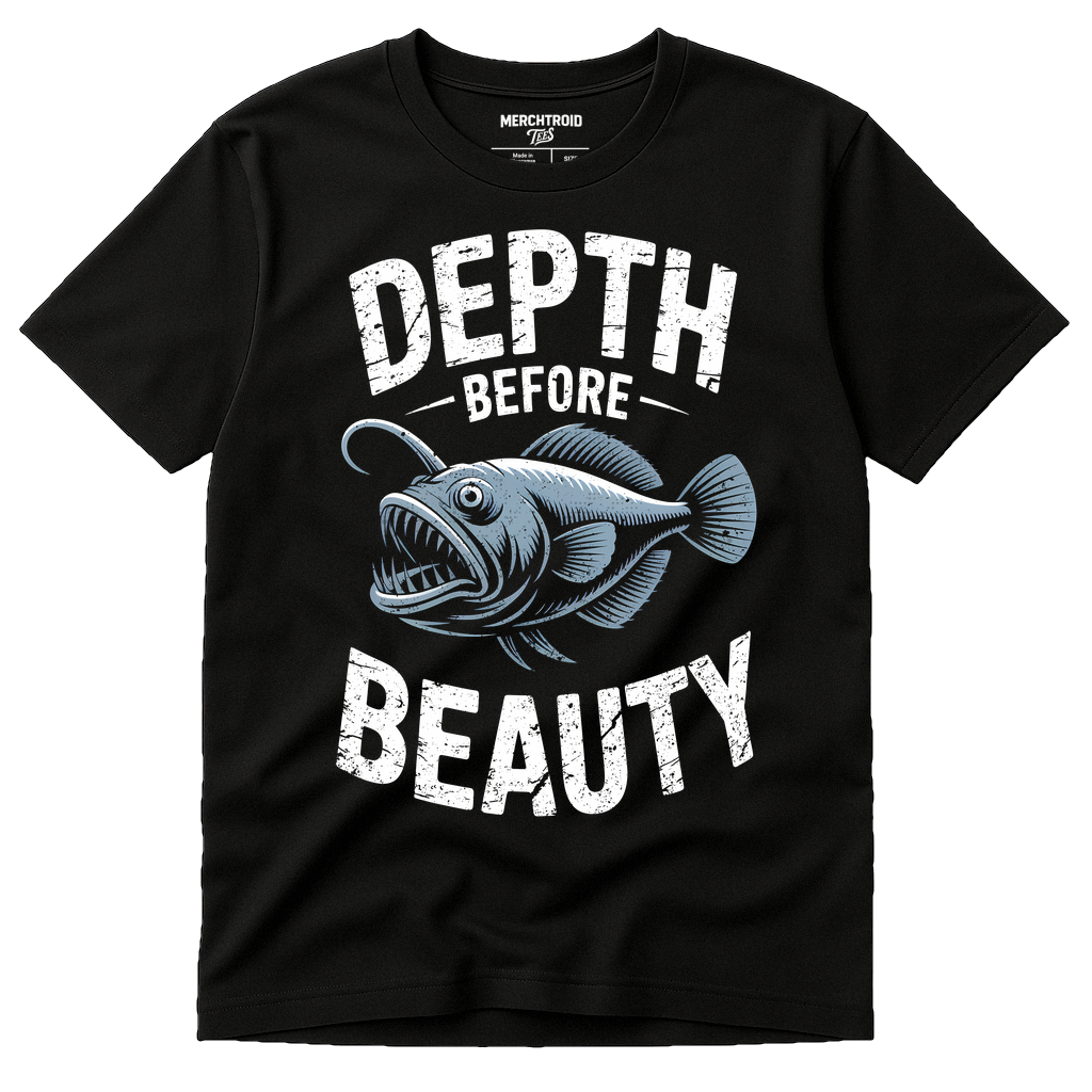 Black Anglerfish T Shirt - "Depth Before Beauty" graphic tee with white print, flat lay product photo