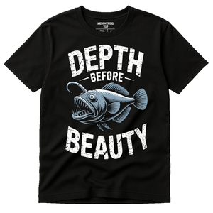 Black Anglerfish T Shirt - "Depth Before Beauty" graphic tee with white print, flat lay product photo