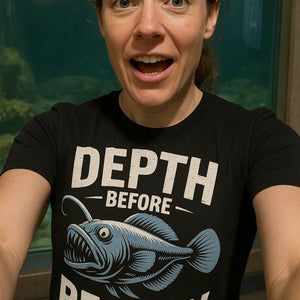 "Depth Before Beauty" black anglerfish t shirt, photographed as anglerfish lover gift