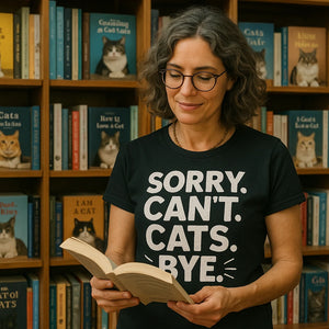 Lifestyle shot of the "Sorry. Cant. Cats. Bye." black tee shirts for cat lovers in a real-world setting