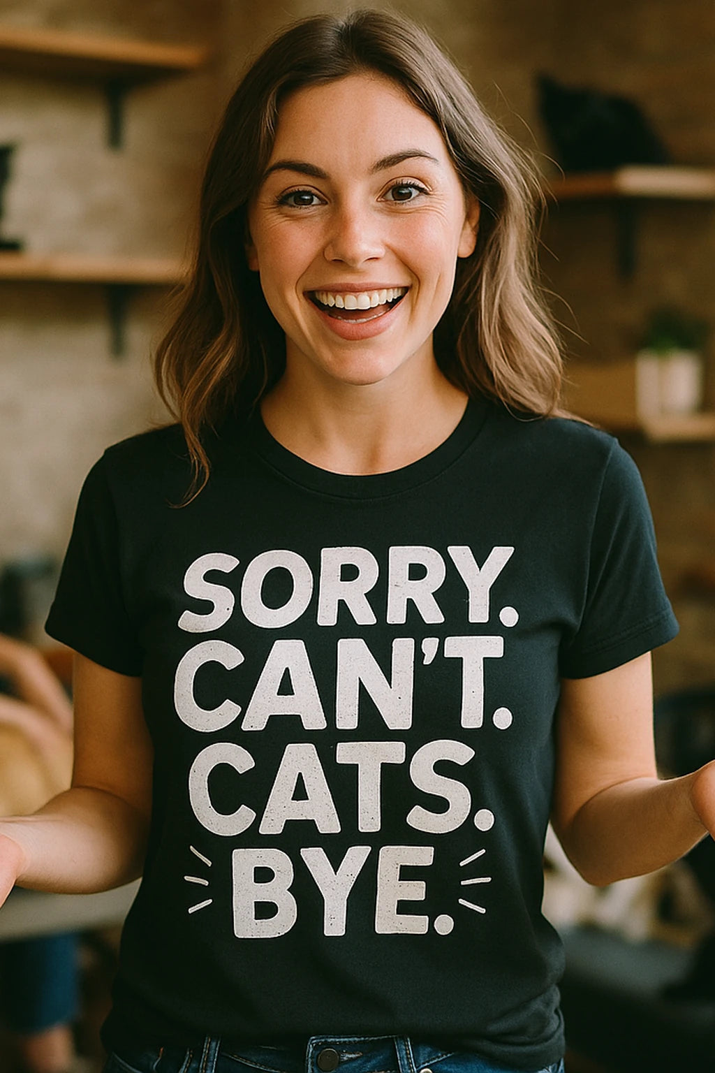 "Sorry. Cant. Cats. Bye." black tee shirts for cat lovers, photographed as cat lovers lover gift