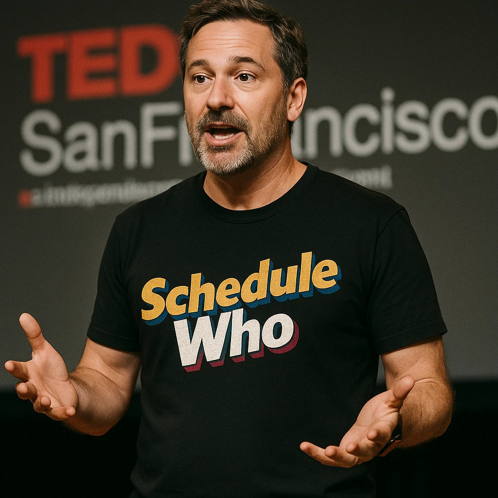 A man with short hair and a beard is speaking and gesturing while wearing a black T-shirt that says "Schedule Who" in colorful text. He is standing in front of a backdrop with the TEDx San Francisco logo.