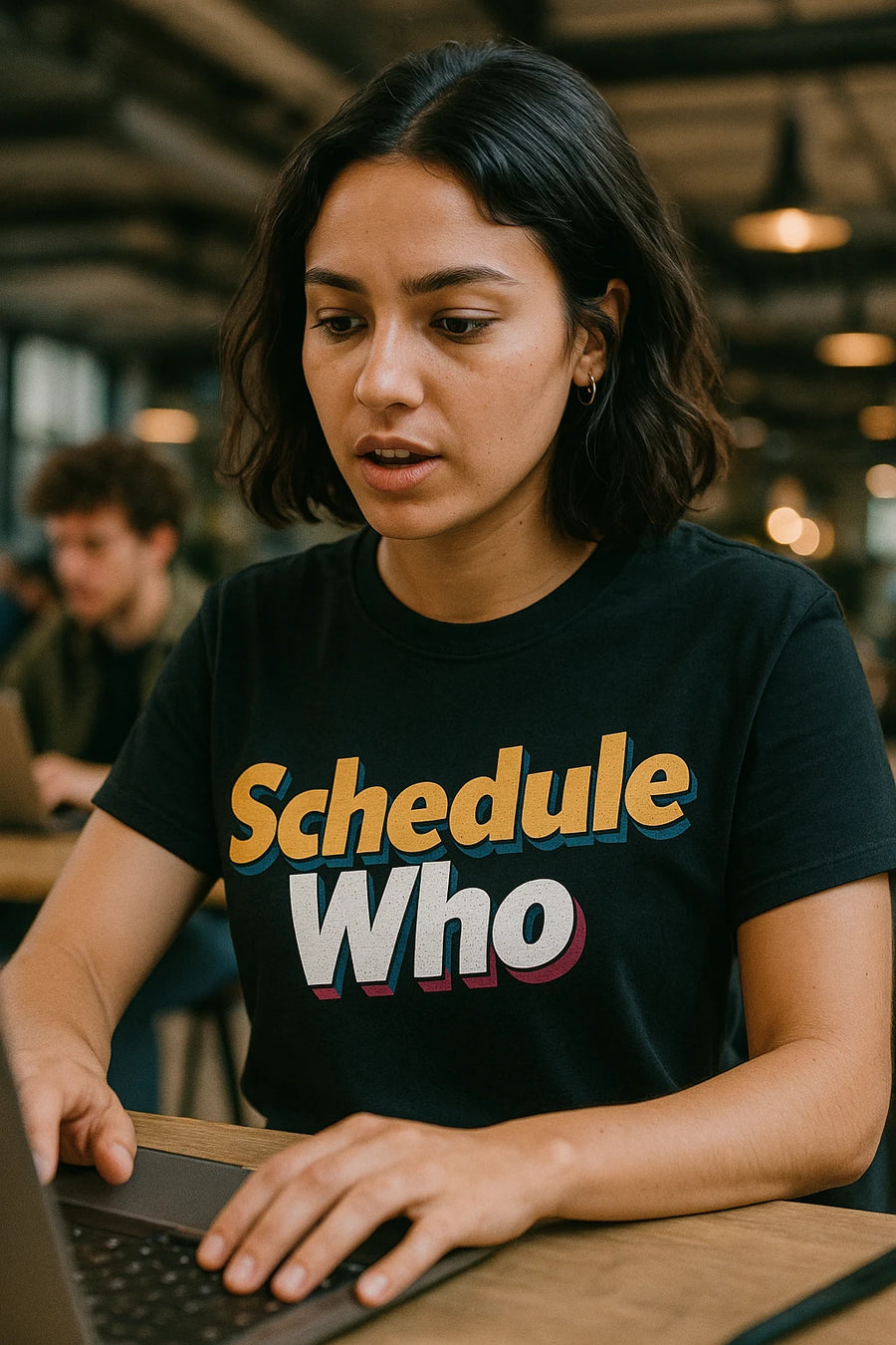 A person with short dark hair is sitting at a table, focused on working on a laptop. They are wearing a black t-shirt with the text "Schedule Who" in bold, colorful letters. The background is a busy indoor setting with multiple light fixtures and another person working on a laptop.