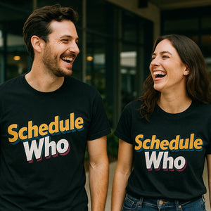 Person wearing the black entrepreneurs t shirt graphic tee - "Schedule Who" design