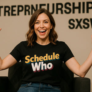 Lifestyle shot of the "Schedule Who" black entrepreneurs t shirt in a real-world setting